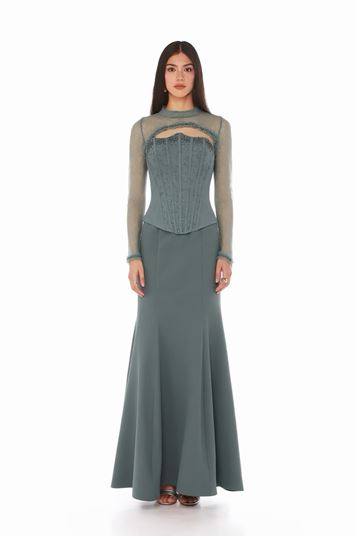 Robe de soirée menthe à corset et effet dentelle